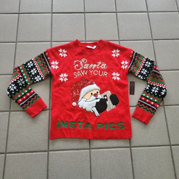 NWT Juniors S(3-5) Ugly Christmas Sweater "Santa Saw Your Insta Pics" Instagram - Picture 1 of 9